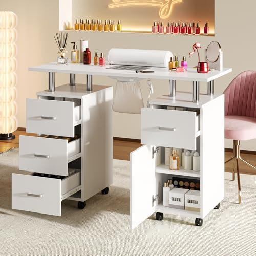 PeacefulHues Manicure Table Nail Desk, Nail Station with Electric Dust Collector, Wrist Rest and Storage Drawers Cabinet, Beauty Salon Workstation for Nail Tech, White