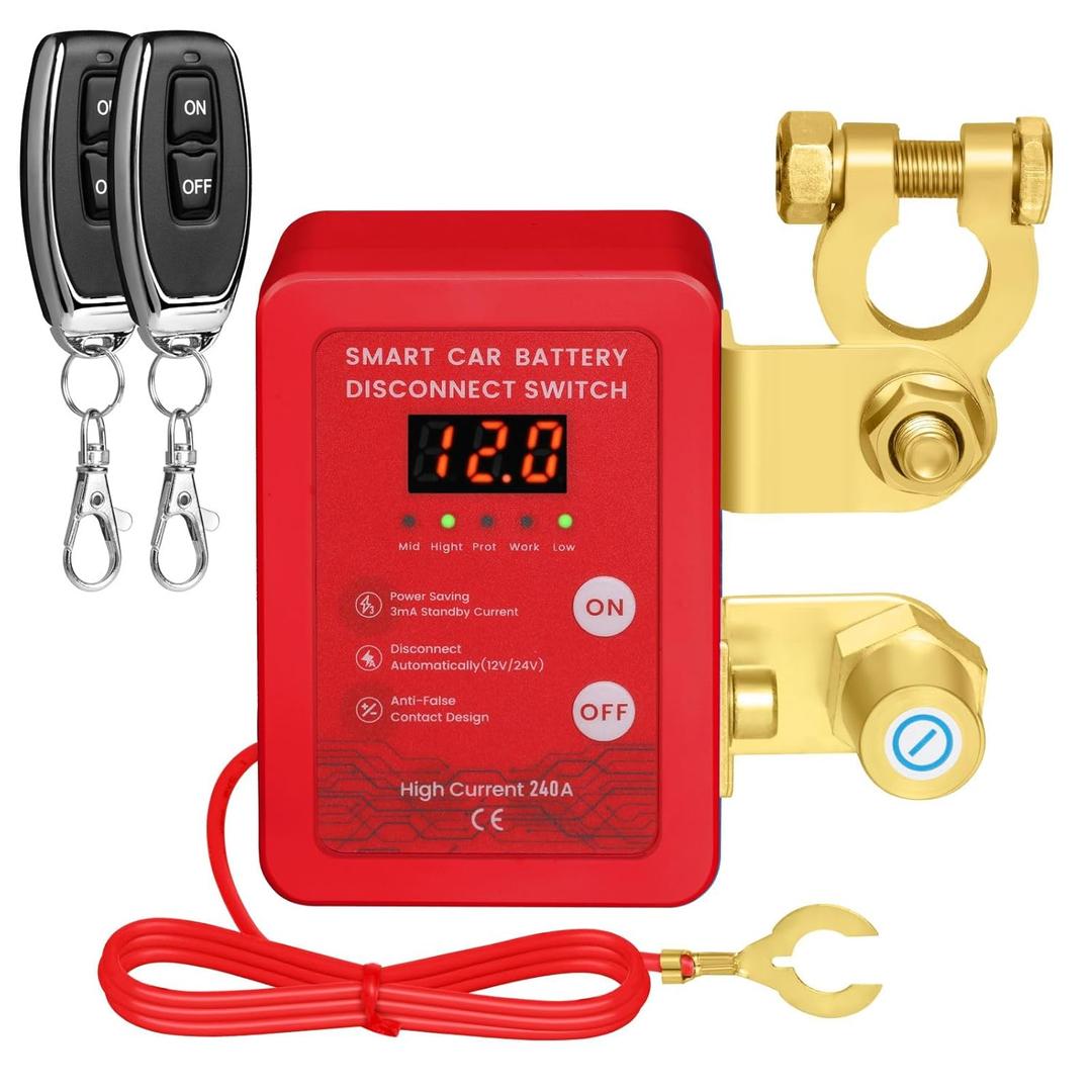Kill Switch for Car - Remote Battery Disconnect Switch 12v, 240A, Upgrade Smart Voltage with LED Screen, Anti-Theft, Prevent Battery Drain (Red)
