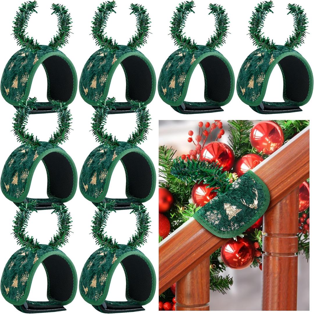 8 Pcs Railing Protection Christmas Garland Ties, Green Decorative Banister Garlands Hanger, Adjustable Banister Protective Padded Faux Pine Stems Garland Ties for Staircase Wreath Home Holiday Decor
