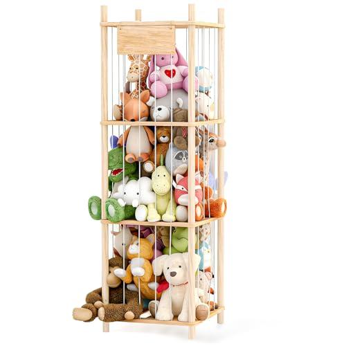 Dayacoco Stuffed Animal Storage, Wood Stuffed Animals Organizer Holder Zoo, Extra Large Capacity Stuff Storage with Elastic Band and Net for Nursery Kids Play Room Bedroom (Pine Wood)
