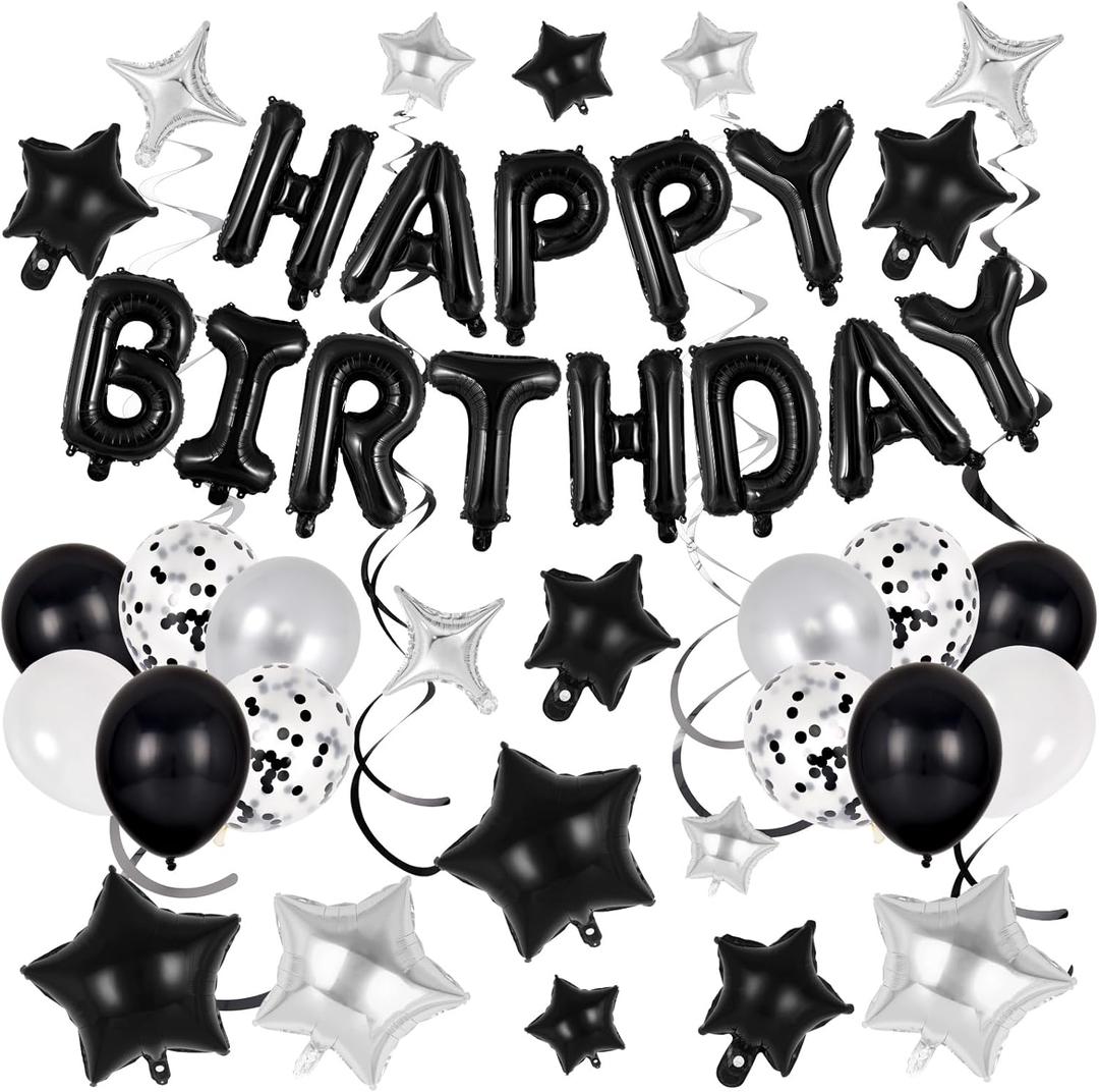 55 Pcs Happy Birthday Balloons Letters Banner with 35 Pcs Star Foil Balloons, 20 Pcs Latex Balloon, 6 Hanging Swirls for Women Men Boys Girls Birthday Party Decorations Set  (Black)