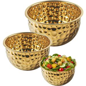 Gold Mixing Bowls Hammered Mixing Bowl Set, Stainless Steel Golden Finish Decorative Serving Bowls for Kitchen, 3 Piece Salad Bowl for Prepping Cooking Baking Serving Gold Serving Bowls for Home Decor