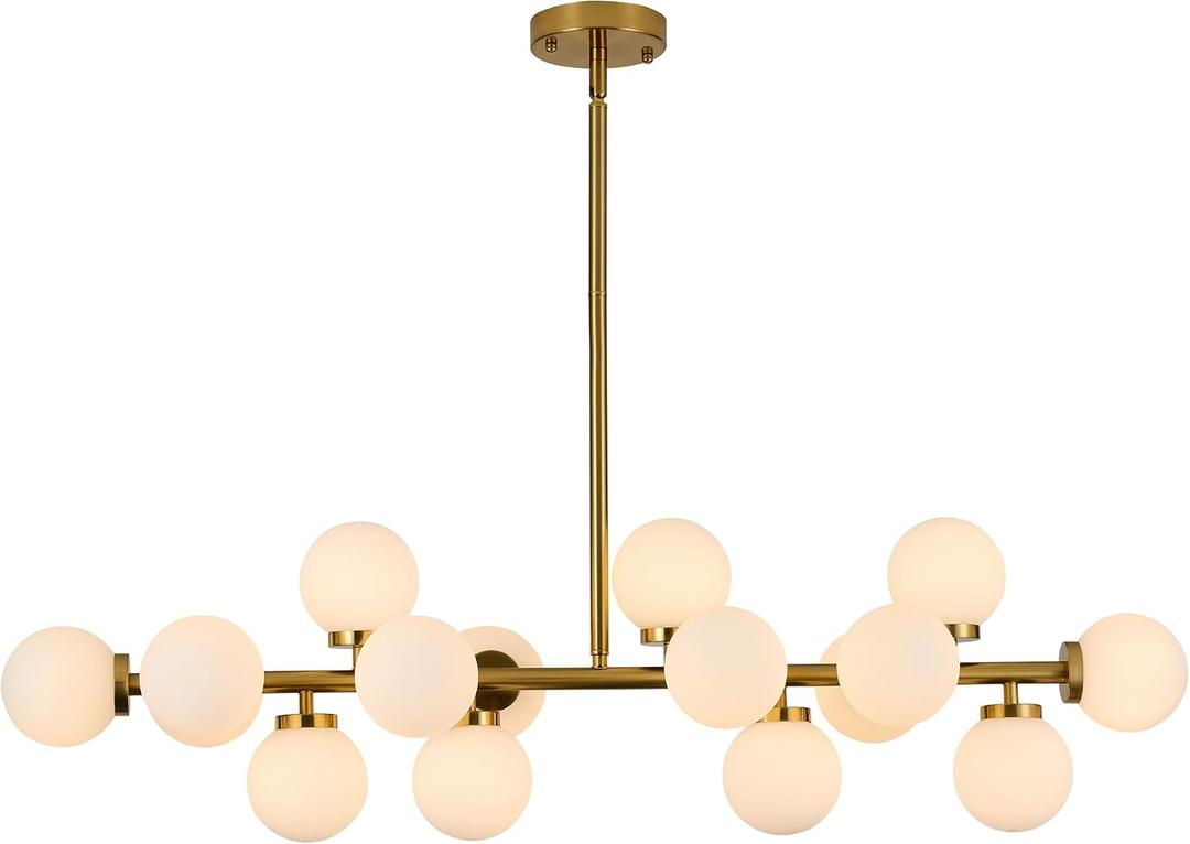 XILICON Linear Chandeliers Modern Brushed Brass Chandeliers for Dining Room 16-Lights and White Glass Pendant Lighting Mid Century Globe Dining Light Fixture for Living Room Kitchen