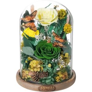 NOVEINN Preserved Flowers in Glass Dome - Eternal Rose Arrangement with Real Preserved Plants, Romantic Forever Rose Gift for Women - Anniversary, Birthday, Mothers Day, Home Decor(Yellow)