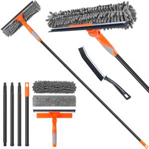 Window Cleaner Tool for Home, 59.5'' Squeegee Kit for Car Windshield, Shower Door, Mirror Cleaning, 2 in 1 Outdoor Glass Washer with Extension Pole (Orange)