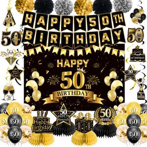 50th Birthday Decorations, Pre-Strung Happy Birthday Banner with Balloons, Backdrop, Honeycomb Centerpieces, Hanging Swirl Streamers, Black Gold Happy Birthday Party Decorations for Men Women