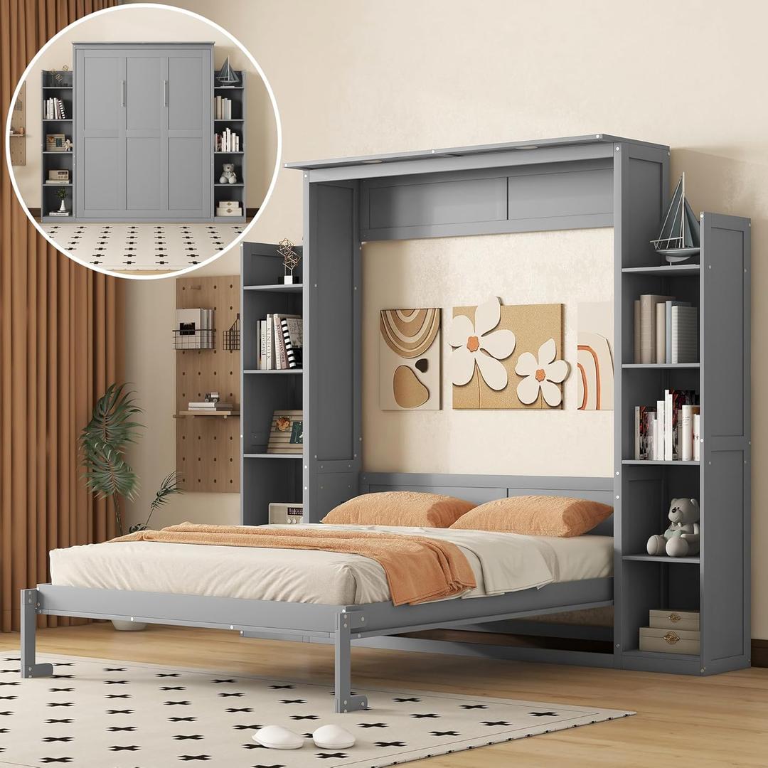 Harper & Bright Designs Queen Size Murphy Bed with Storage Shelves and LED Lights, Easy Fold Wood Wall Bed Frame, Gray Cabinet Queen Storage Bed for Guest Room Home Office