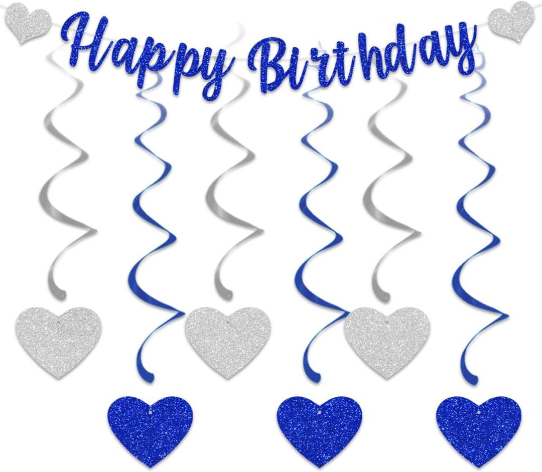 Pre-assembled Happy Birthday Banners with 6 Pieces Hanging Swirl Sweet Heart Glitter Bunting Banner For Women Girls for Birthday Party Decorations Backdrop Blue Silver