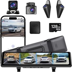 4 Camera System,10" AHD Mirror Rear View Dash Cam, Touch Screen Dash Cam with 128GB Card/Reverse line/WiFi/APP/1080P Night Vision for Car,Pickup,Truck,RV,Bus,SUV,MPV