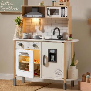 Tiny Land Play Kitchen for Kids, Wooden Kids Play Kitchen Playset Chef Pretend Play Set for Toddlers with Real Lights & Sounds, Toys Kitchen with 18 Pcs Toy Food & Cookware Accessories