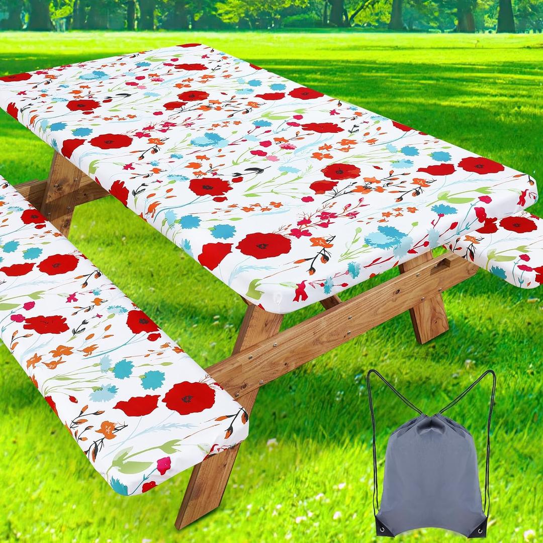 misaya Picnic Table Cover with Bench Cover, Waterproof Elastic Fitted Tablecloth for 6 Foot Tables, Rectangle Washable Polyester Fabric Tablecloths for Picnic, Camping, Outdoor (Flower, 30" x 72") (Off White)