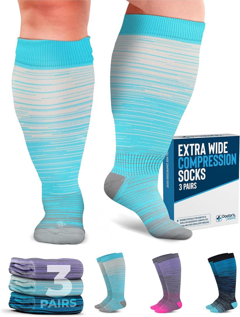 Doctor's Select 3 Pairs Plus Size Compression Socks Wide Calf - Up to 6XL | 20-30 mmHg Compression Socks for Women Wide Calf | Wide Compression Socks for Women Circulation | Blue, Light Blue, Purple & Pink (Stripes) (4X-Large)