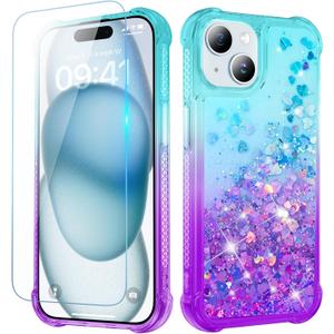 Ruky for iPhone 15 Case for Girls Women with Screen Protector, Glitter Flowing Quicksand Sparkle Soft TPU Protective Phone Cover, Teal Purple