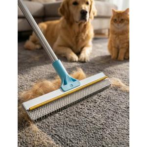 Carpet Rake for Pet Hair Removal: DELOMO Carpet Scraper Broom with 54 Adjustable Long Handle, Dual-Sided, Metal + Short Silicone for Carpets & Rugs, Extended Silicone for Shag Rugs & Hard Floors