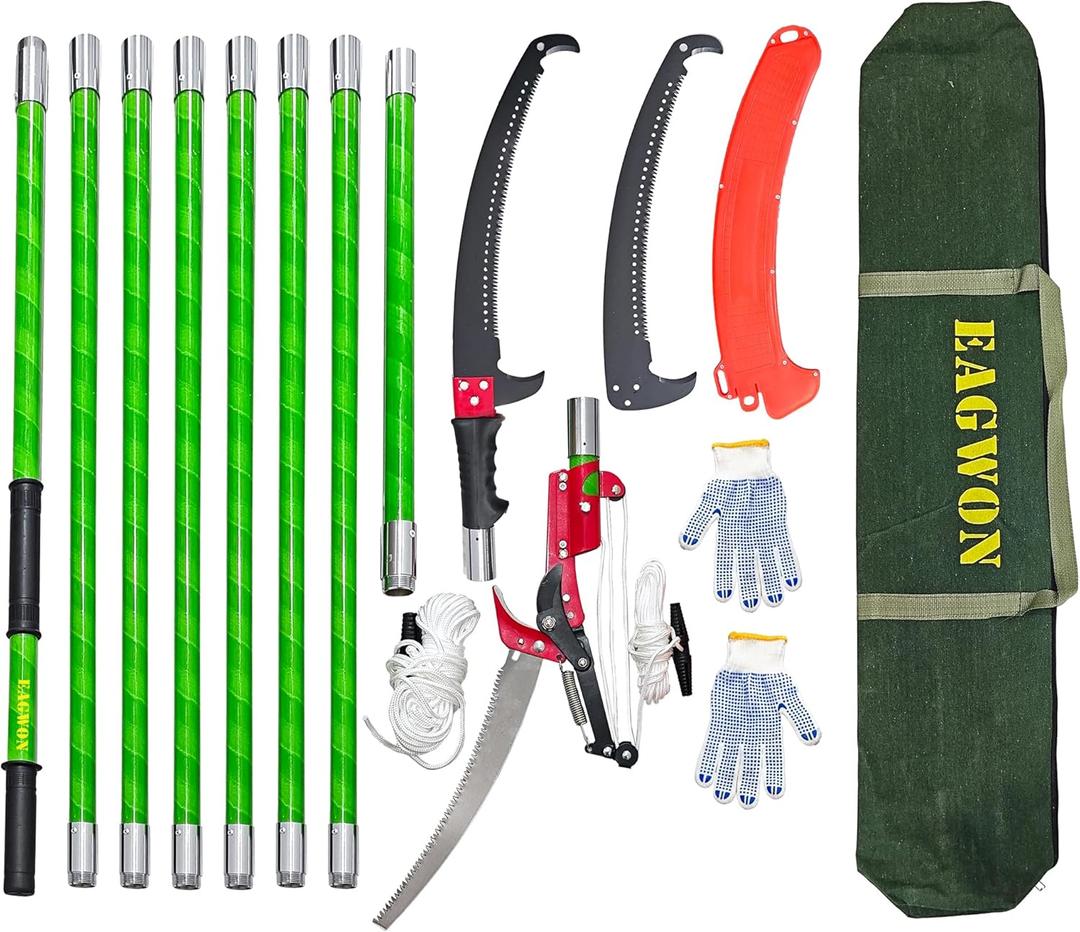 Manual Pole Saw, 7.3-27 ft Extendable Tree Pruner, Sharp Steel Blade & Scissors for High Branches Trimming, Lightweight 8 Fiberglass Handles, Ideal for Backyard/Garden Palm & Shrub Pruning