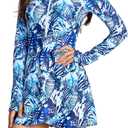 Long Sleeve Swimsuits for Women UPF 50+ Swim Dress Swimwear One Piece Bathing Suit with Skirts Rash Guard Over 50 Blue Leaf M