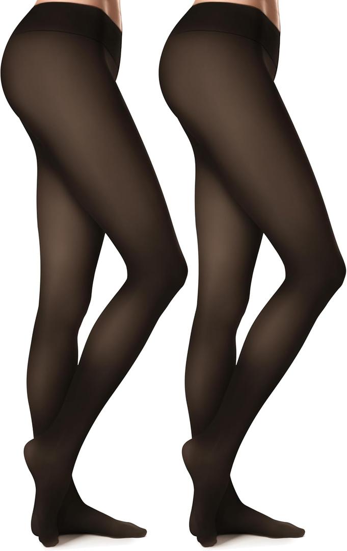 Womens Fleece-Lined Tights - Ultra-Warm Fake Sheer Look Pantyhose Thick Leggings for Winter (Large Plus, Black - 2 Pairs)