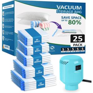 Large Vacuum Storage Bags with Electric Pump 25Pack(5 Jumbo/5 Large/5 Medium/5 Small/5 Roll) Vacuum Seal Bags For Clothing Travel Packing,Blanket,Duvets,Pillows,Comforters