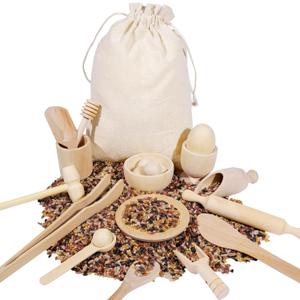 Hiawbon 25PCS Wooden Sensory Bin Tools for Toddlers, Wooden Pretend Play Sensory Tools Set, Montessori Sensory Wooden Toys, Fine Motor Learning Toys for Counting Sorting Hammering Pounding