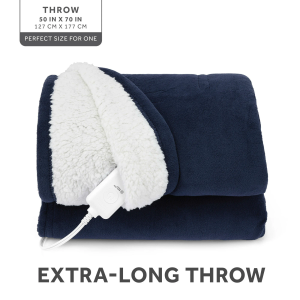 Sunbeam Electric Heated Throw Blanket Navy Microplush Faux Shearling 4 Heat Settings 50x70