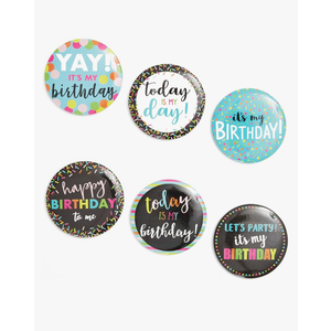 BLUE PANDA Happy Birthday Pinback Party Buttons - Birthday Pins Pack - Celebration Button Set (2.25 Inches, 6 Designs, 24-Pack)