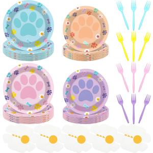 Yungyan 96 Pcs Blue Dog Birthday Party Plates and Napkins Set Pink Blue Plates Daisy Flower Napkins Dog Paw Tableware for Baby Shower Puppy Theme Birthday Party Supplies