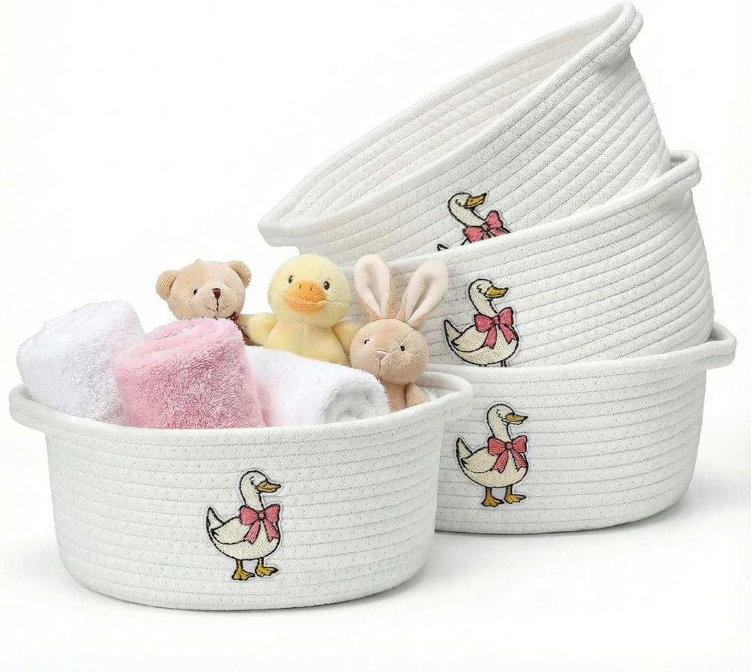 4 Pcs Silly Goose Gift Basket Set with Handles Cute Basket Empty with Pink Bow Funny Silly Goose Organizer Box Natural Cotton Rope Woven Organizer for Nursery Shelves Baby Shower