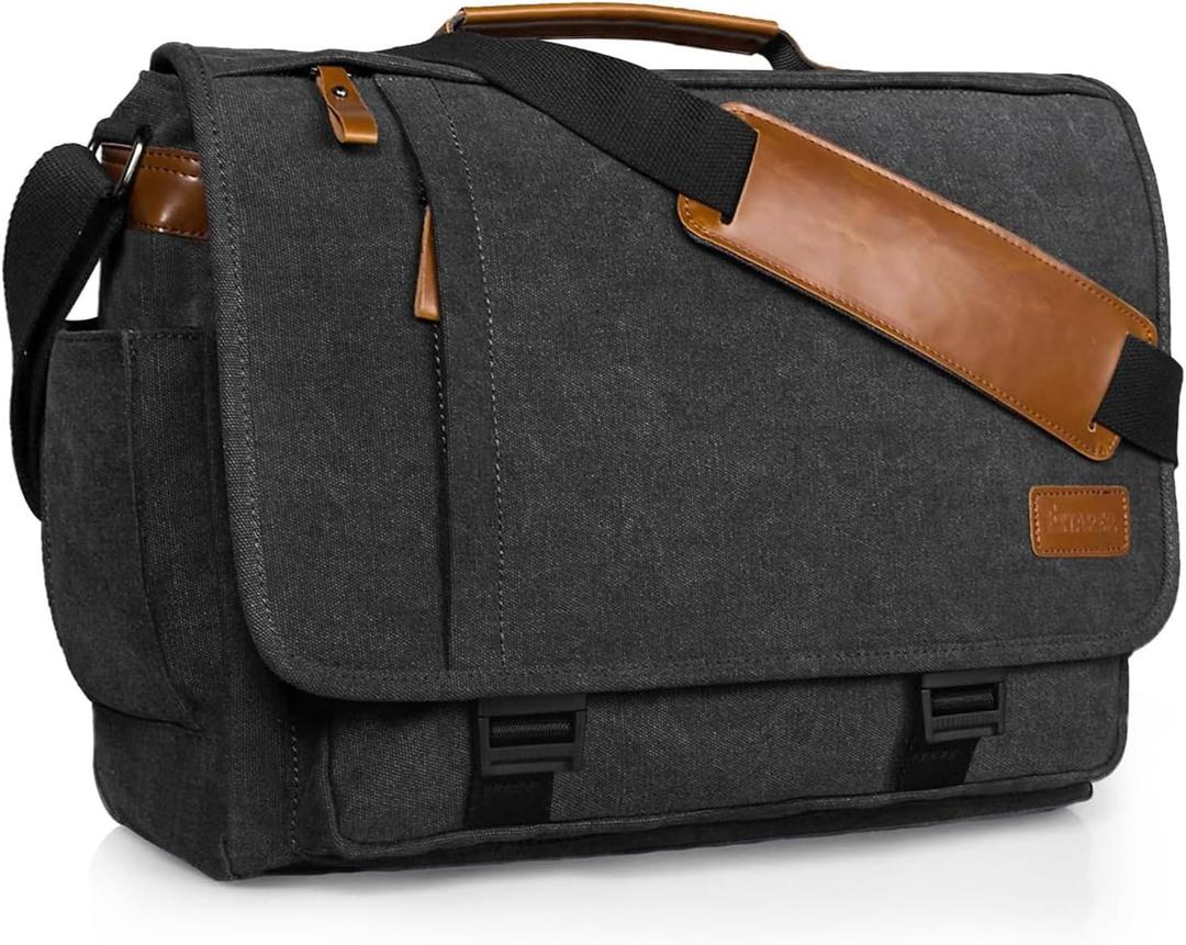 ESTARER Messenger Bag 17-17.3 Inch, Men's Computer Satchel Water-resistant Canvas, Teacher Laptop Briefcase for Work Office College, Dark Grey