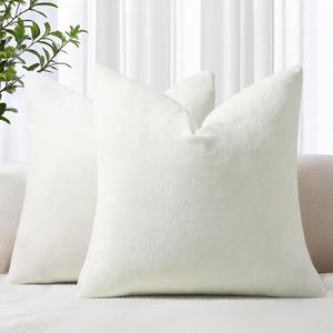 decorUhome Chenille Cream White Throw Pillow Covers 18x18 Inch Set of 2, Decorative Soft Couch Pillow Covers Solid Dyed Accent Farmhouse Neutral Square Pillow Cases for Sofa