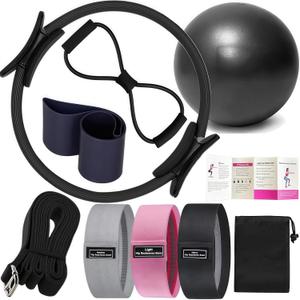 Pilates Ring Kit for Women Home Workouts Better Pilates Essentials Kits Equipments Sets Accessories Magic Ring Booty Bands Glutes Yoga Ball 25cm Figure 8 Resistance Yoga Bands for Stretching 8 Pcs (black)