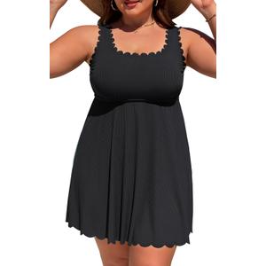 Charmo Women Plus Size Swim Dress Scalloped Square Neck One Piece Swimsuit Tummy Control Bathing Suit Rushed Swim Suits 2026 (2X, Black)