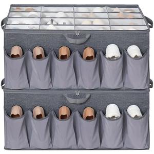 STORAGEIDEAS Shoe Organizer for Closet, Shoe Storage Solution with Clear Cover & Adjustable Dividers, Fabric Shoe Box Fits 16 +12 Pairs Shoes, Grey, 2-Pack