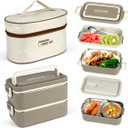 Bento Box Adult Lunch Box, Portable Insulated Lunch Containers Set, 2-Tier Stackable Stainless Steel Bento Boxes with Thermal Lunch Bag Soup Bowl, Leakproof Food Container (Beige)