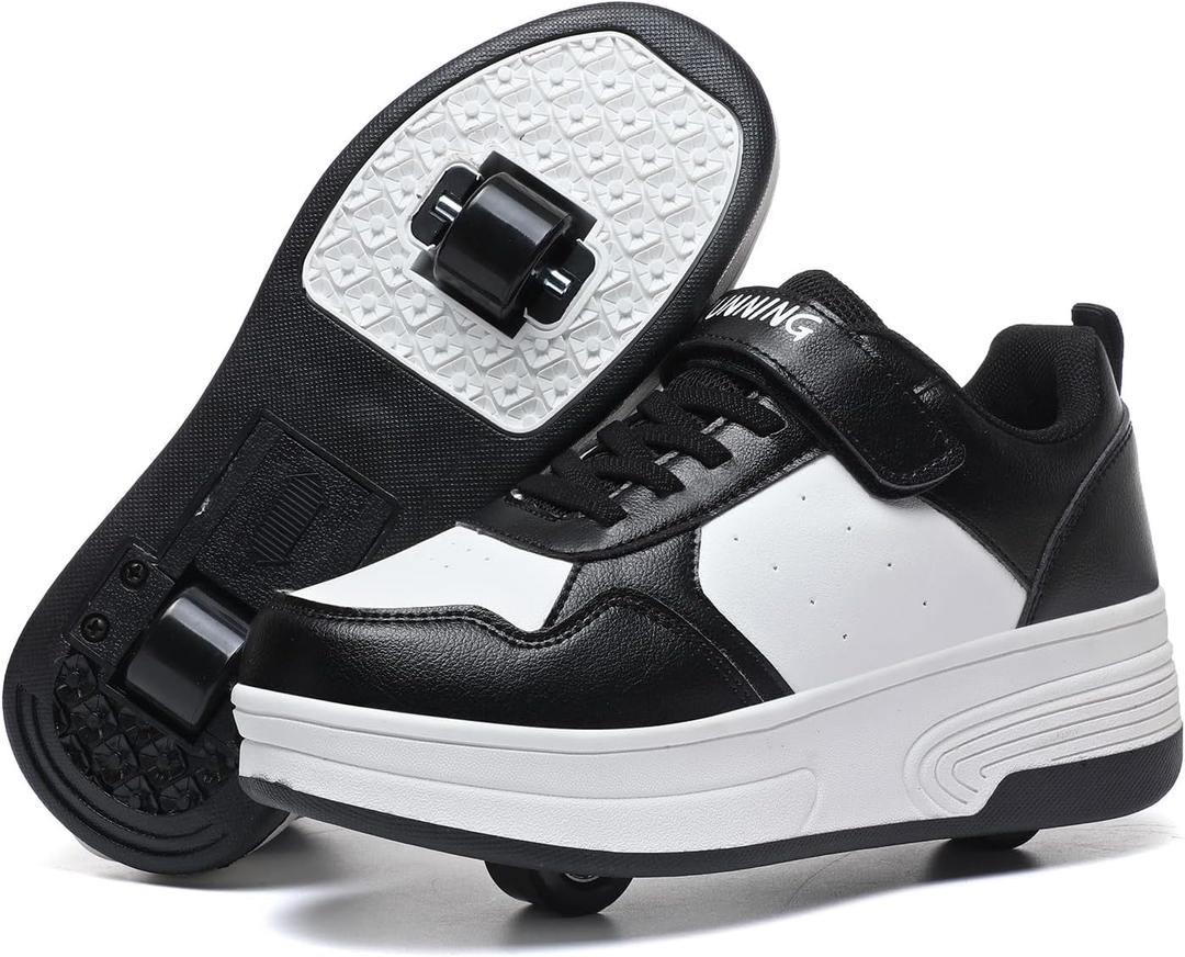 HSQ Fashion Sneaker Roller Skate Shoes for Boys Girls Kids Detachable Wheeled 2 in 1 Skating Shoes with Wheels (6 Big Kid, Black/White 156)
