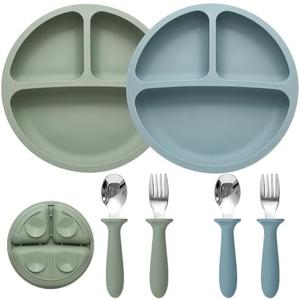 Eascrozn Baby Feeding Set, 2 Pack Silicone Divided Suction Plates for Baby, 2 Pack Spoons and Forks Set, BPA Free, Baby Led Weaning Supplies for Toddler Utensils