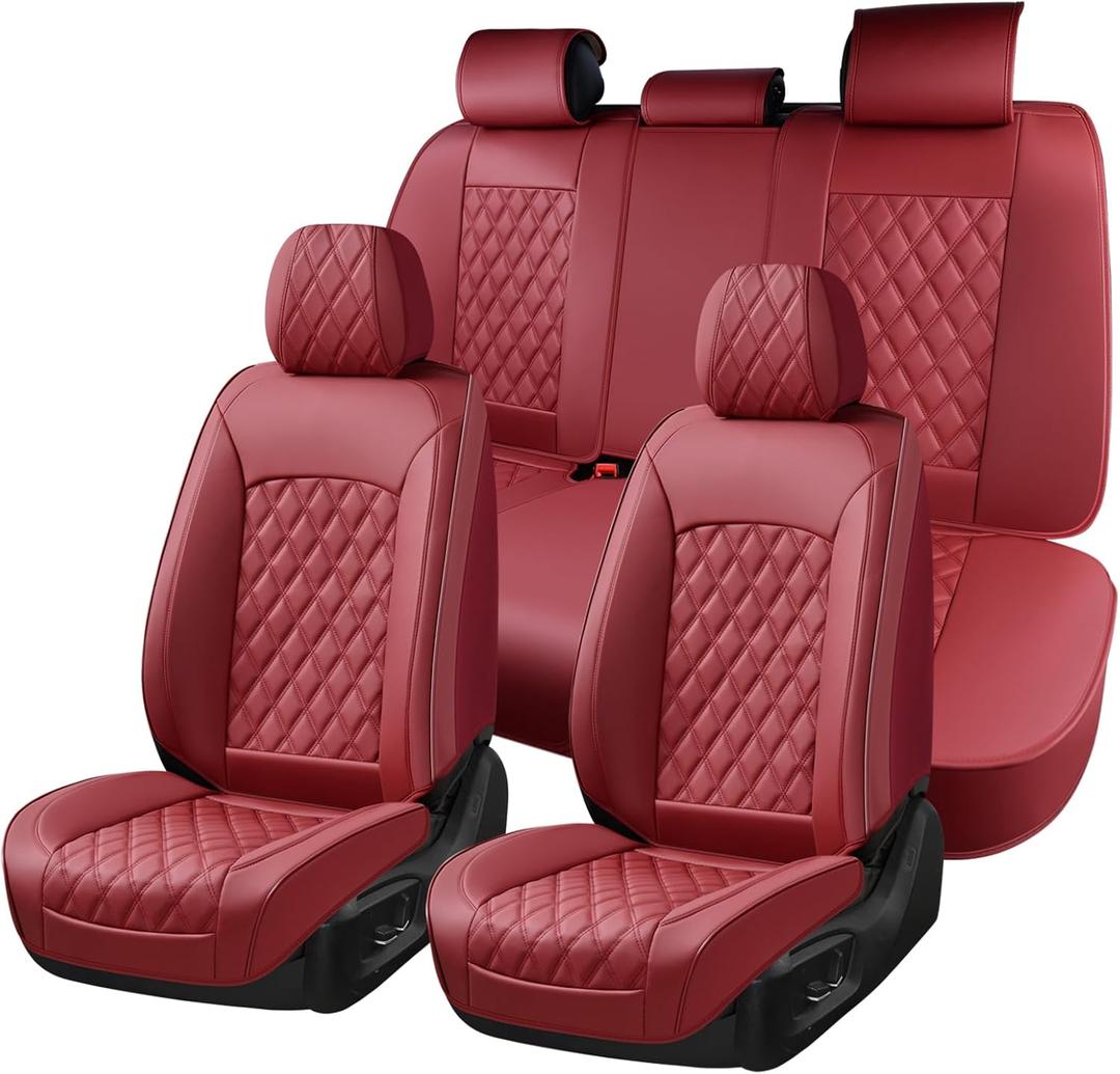 Huidasource Red Seat Covers, Nappa Leather Car Seat Covers, Automotive Seat Covers Velcro Adjustable, Compatible with Airbags, Child Seat, Fit for Most Cars, Vans, Trucks, SUVs (Full Set/Red)