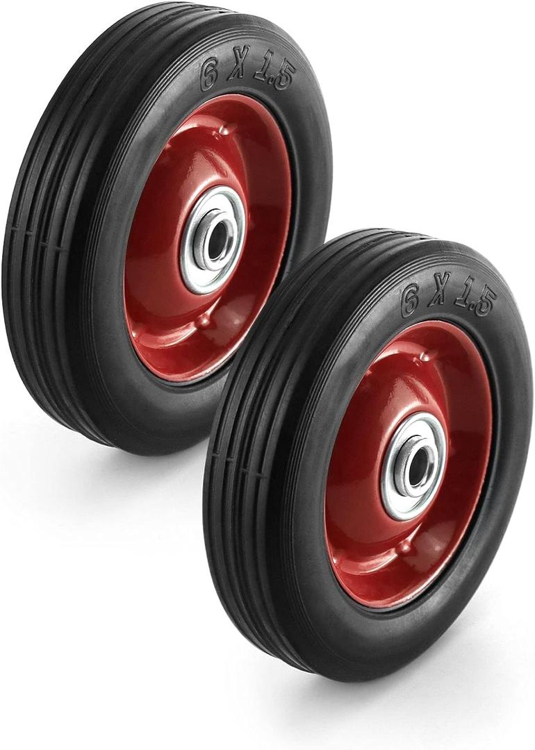 QWORK 2 Pack 6" x 1.5",1/2" Axle, Premium Rubber Wheel with Ball Bearing, Hand Truck Wheel, Capacity up to 132 lbs