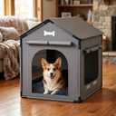 Dog House Indoor Outdoor Dog Kennel with Cushion for Small Medium Dogs Cats, Cozy Cooling Cat Nest Puppy Cave Sofa Pet Products Easy Assembly Grey, L w/Door Curtain: 27.6" L x 21.3" W x 26.8" H