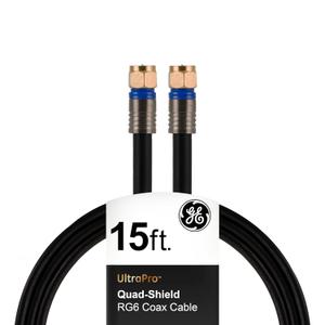 GE RG6 Coaxial Cable, 15 ft. F-Type Connectors, Quad Shielded Coax Cable, 3 GHz Digital, In-Wall Rated, Ideal for TV Antenna, DVR, VCR, Satellite, Cable Box, Home Theater, Black, 33732