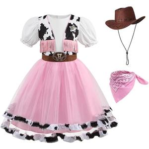HAPNBCELE Pink Cowgirl Costume for Girls Cow Outfits with Hat Halloween Cosplay (Pink, 11-12 Years)