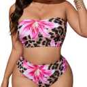 Women's Plus Size Floral Leopard Bandeau Swimsuits High Waisted Bikini Set 2 Piece Bathing Suits (XX-Large Plus, Multicolor)