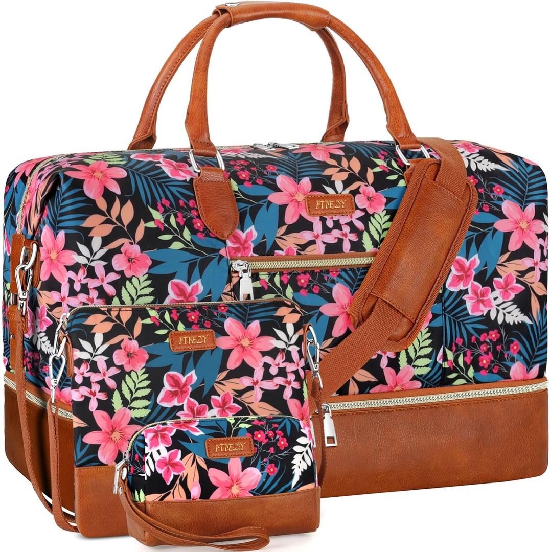 Weekender Bag for Women, Travel Duffel Bag Carry On Overnight Bag with Shoe Compartment Large Nylon Travel Weekend Tote Bag (9-Black Fower)