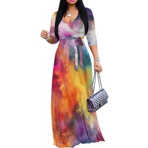 PinkPatty Women's Plus Size Maxi Dress 3/4 Sleeves Casual Flowy Long Dress for Vacation with Pockets (Large, A-tie Dye17)