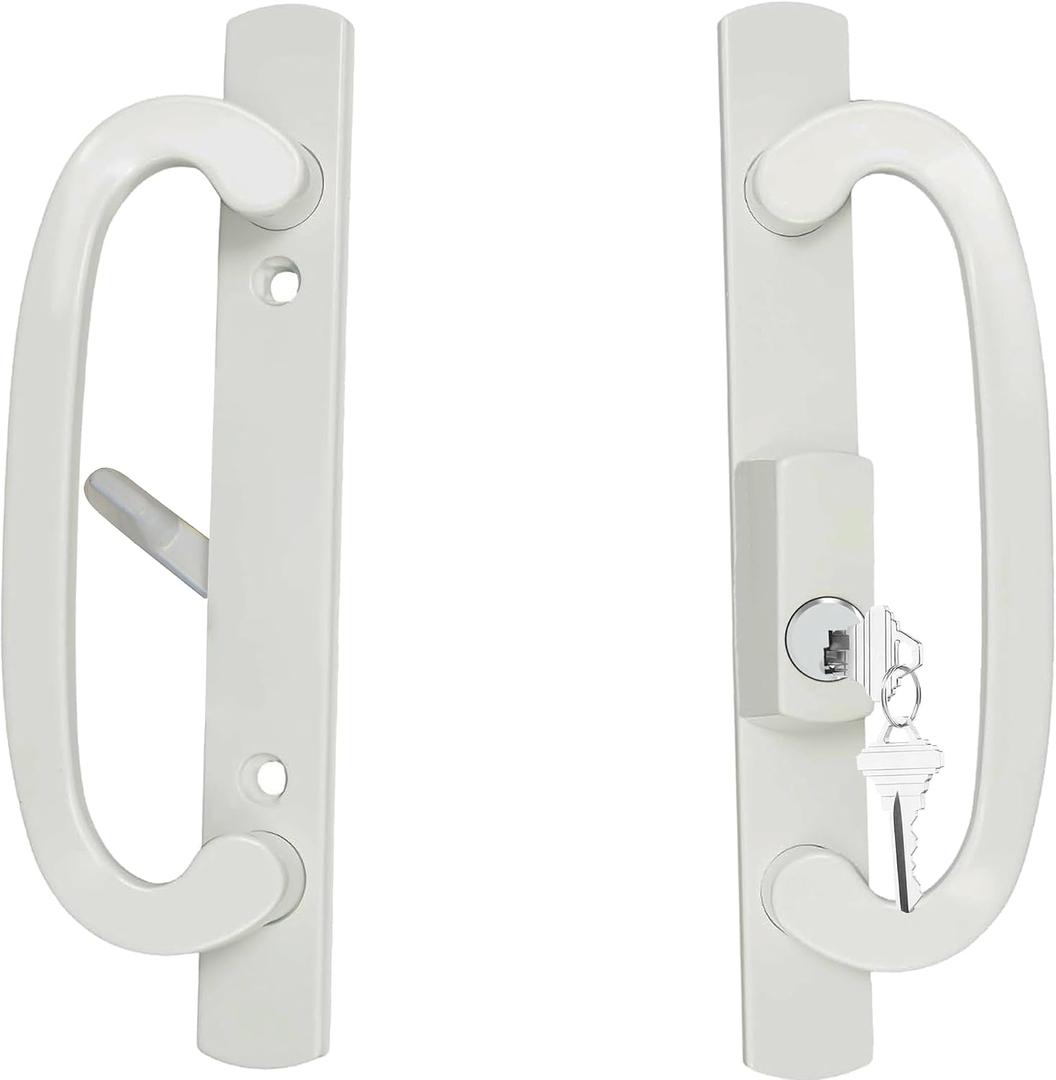 ReigaHood Keyed Sliding Patio Glass Door Handle Set Fits for Truth Legacy & Sash Controls P/N #2265, 45 Keyway w/o Mortise Lock, 3-15/16" Hole Centers, Non-Handed, White Diecast, A/B Position