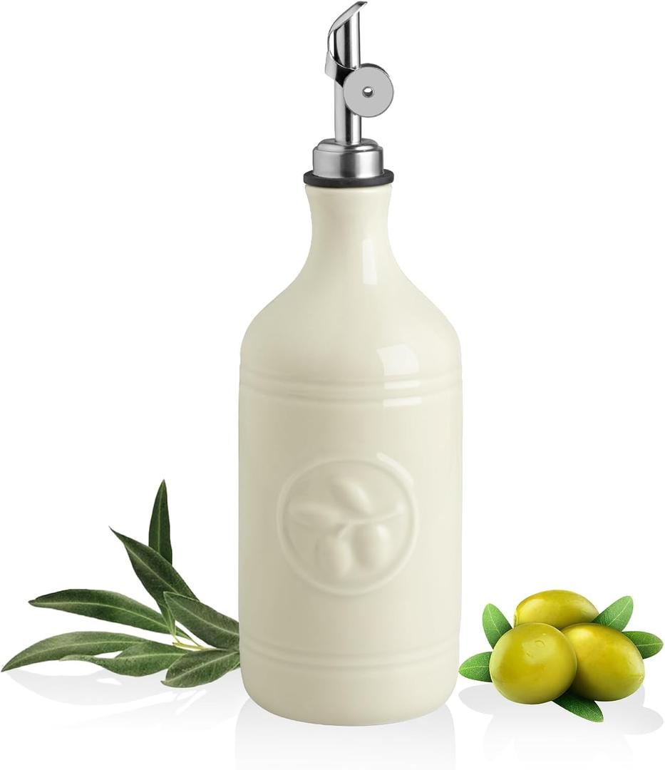 Sweejar 16 Oz Ceramic Olive Oil Dispenser Bottle, Oil Dispenser for Kitchen with Gravity Spout, Relief Opaque Oil Container for Evoo, Avocado Oil, Vinegar, Soy Sauce, 1 Pack(Beige, Silver Spout)