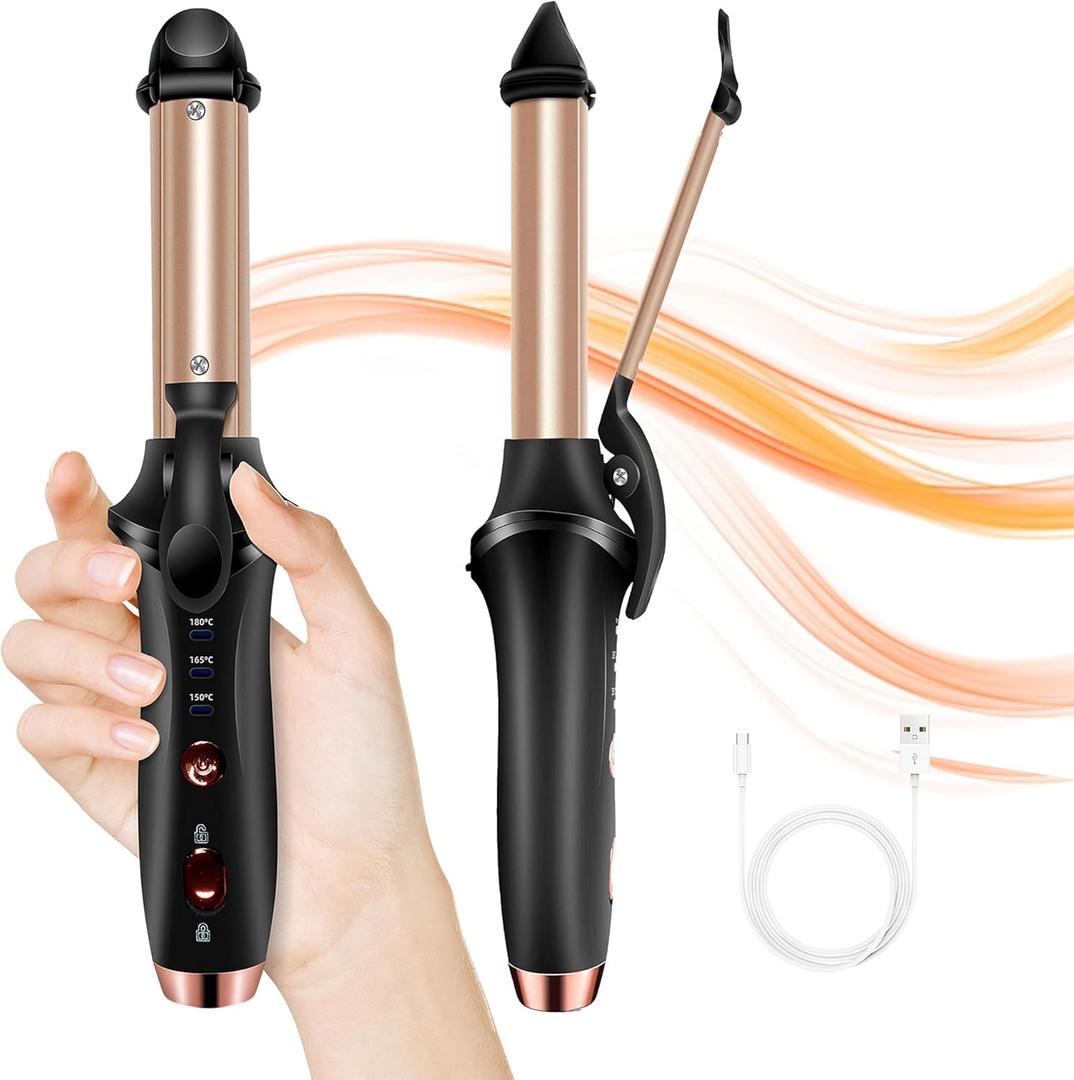 Cordless Curling Iron Rechargeable, 4000mAh Portable Cordless Hair Curler, Mini Curler Iron 3 Temp Setting Travel Battery Powered Curling Iron,USB Charge Hair Straightener and Curler 2 in 1