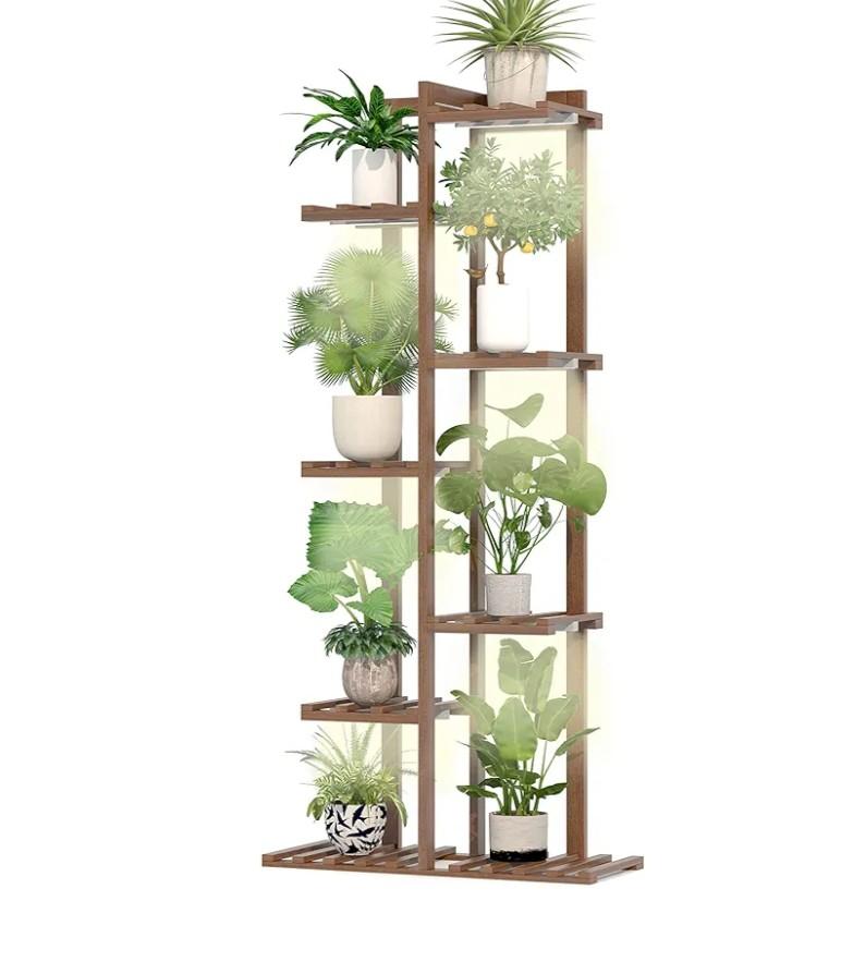 Solatmos Wood Plant Stand With Grow Lights Indoor Plants Outdoor Corner Plant Shelf Flower Stands for Living Room Patio Garden Corner Balcony (Brown, 7 Tier)