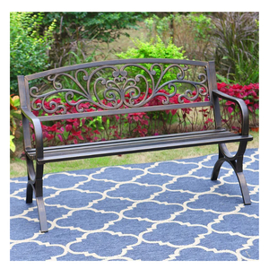 MFSTUDIO 50 Inches Outdoor Garden Bench, Cast Iron Metal Frame Patio Park Bench with Floral Pattern Backrest, Arch Legs for Porch, Lawn, Yard-Bronze