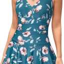 SHEKINI Women's V Neck One Piece Skirt Swimsuit Ruched Retro Swimdress Bathing Suit (Large, Deep Green - Flower)