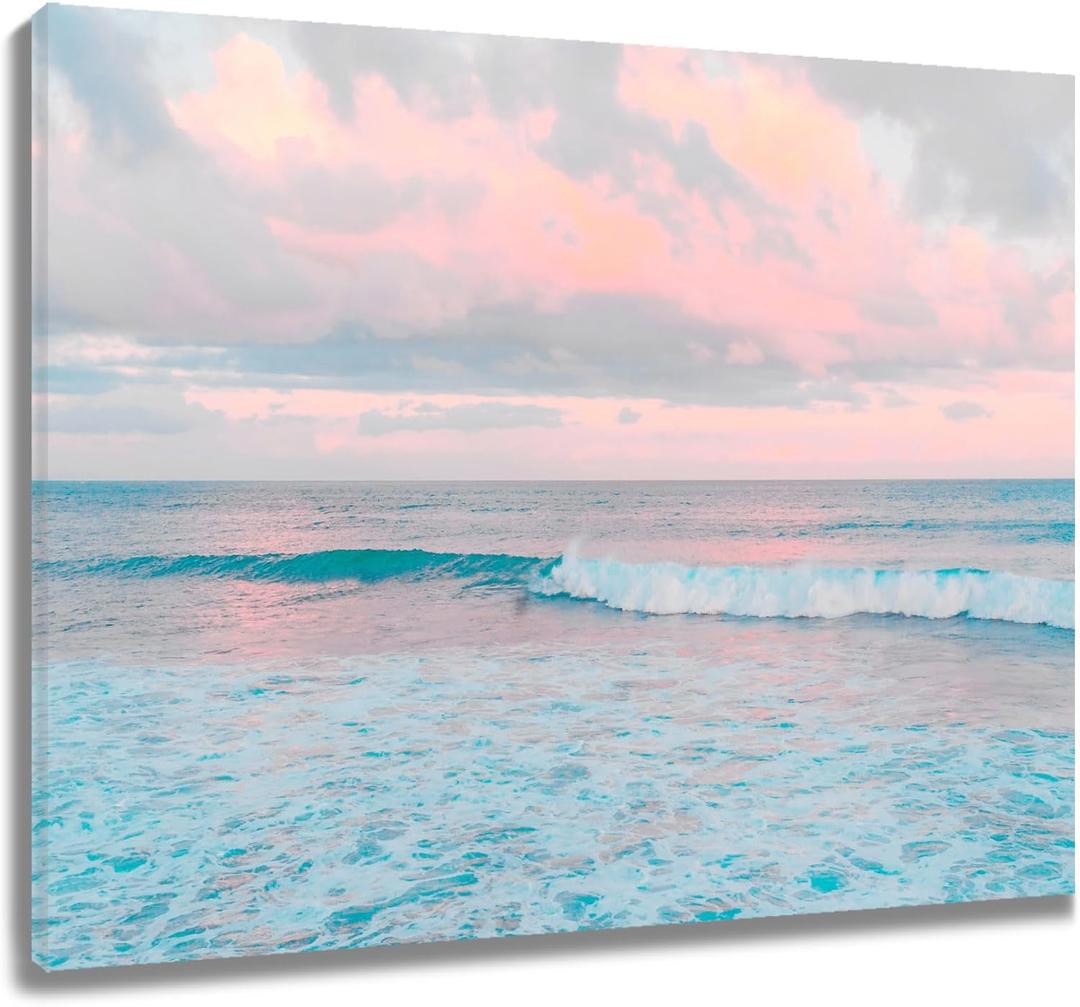 LB Pink Ocean Cloud Wall Art Teal Blue Sea and Pink Sky Canvas Wall Art Modern Nature Landscape Framed Wall Decor for Bathroom Living Room Bedroom Home Decor Ready to Hanging 16x12 Inch